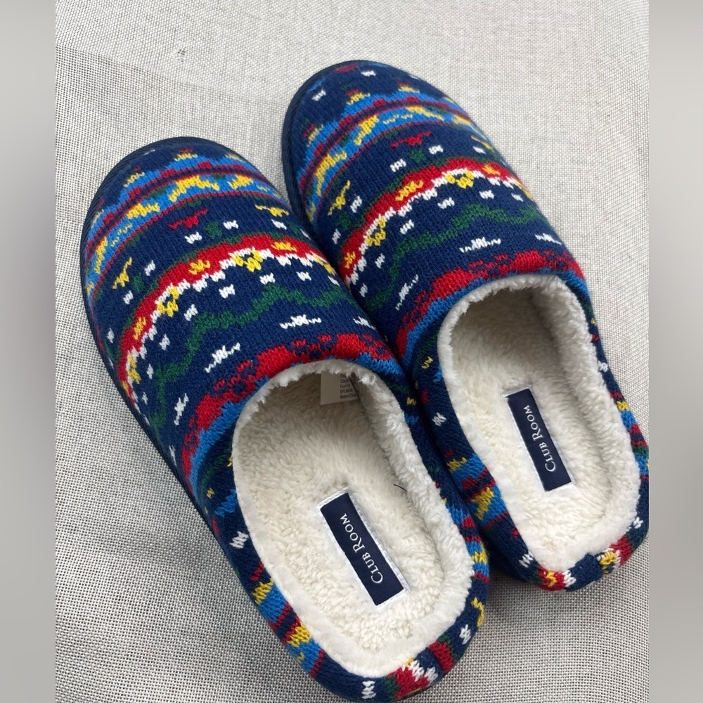Club Room Mens Holiday Slip On Slippers Navy Blue Red Size Medium 8-9